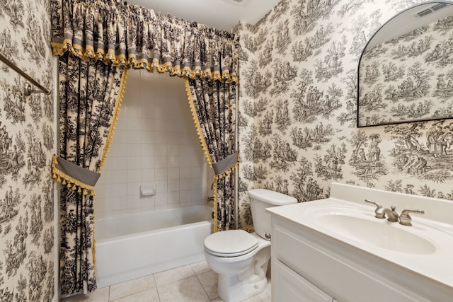 full bathroom with shower / bath combo, vanity, tile patterned flooring, and toilet