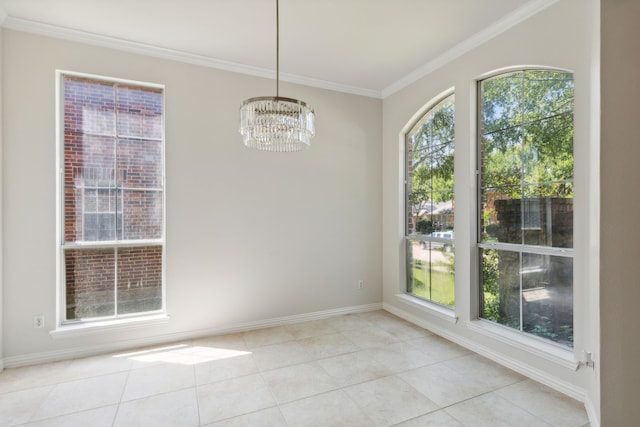 unfurnished dining area with ornamental molding, light tile patterned floors, and an inviting chandelier