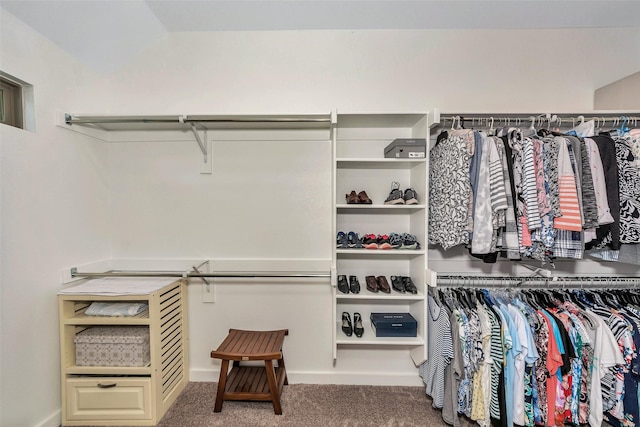 spacious closet with lofted ceiling and carpet