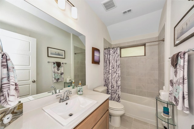 full bathroom with shower / bath combo with shower curtain, vanity, toilet, and tile patterned flooring