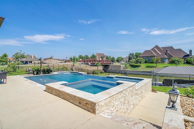 view of pool with a pool with connected hot tub, a gazebo, a patio area, a residential view, and a fenced backyard