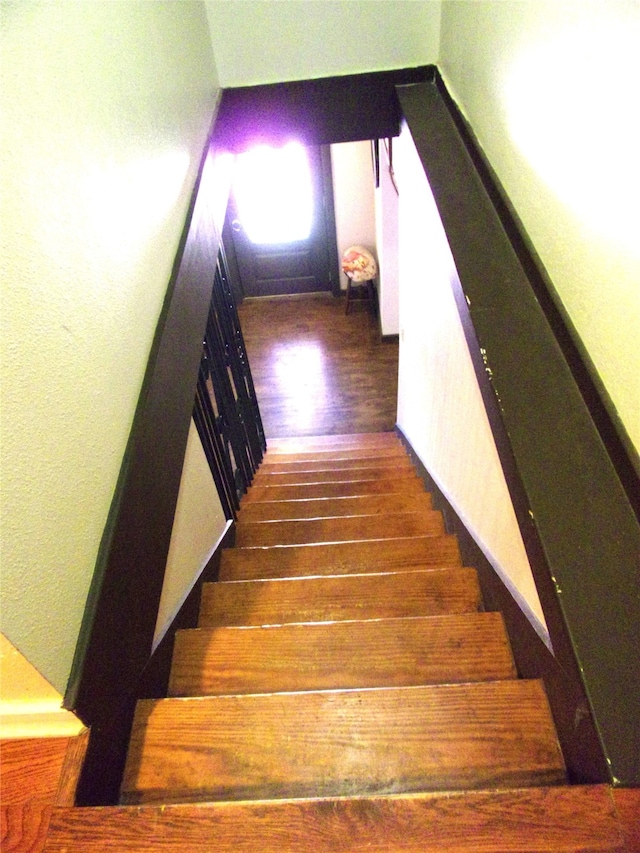 staircase with hardwood / wood-style flooring