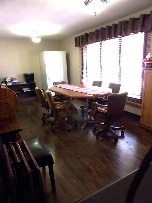 dining space with dark hardwood / wood-style flooring and a healthy amount of sunlight