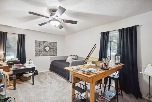 bedroom featuring a textured ceiling, multiple windows, and light carpet