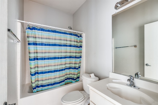 full bathroom featuring shower / bath combination with curtain, toilet, and vanity