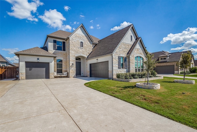 french country home with a front yard and a garage