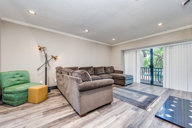 living room with wood-type flooring and crown molding