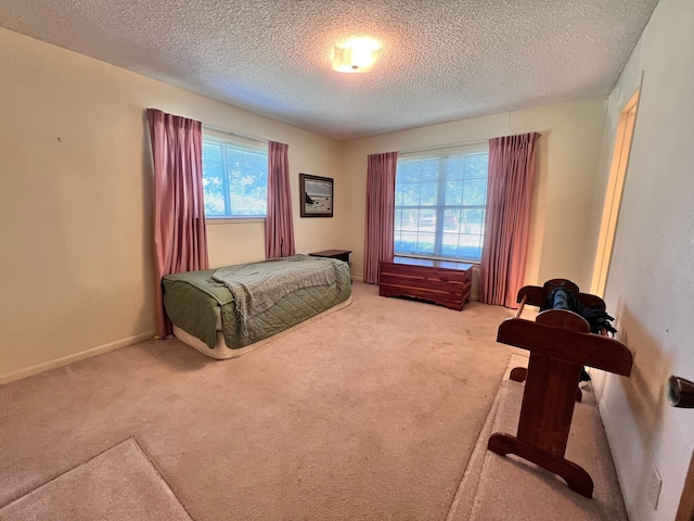 bedroom with a textured ceiling and carpet floors