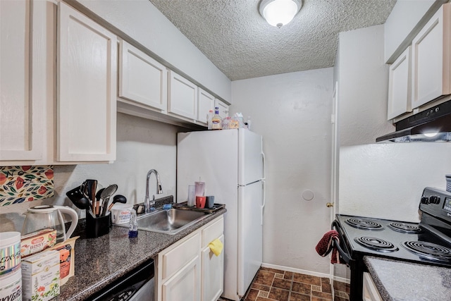 kitchen featuring white cabinetry, sink, white refrigerator, electric range, and a textured ceiling