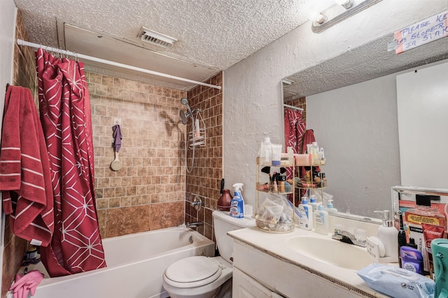 full bathroom featuring vanity, shower / bathtub combination with curtain, a textured ceiling, and toilet