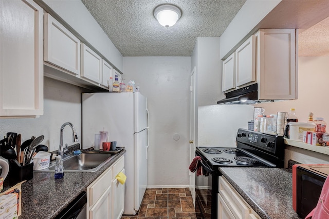 kitchen featuring sink, white cabinets, a textured ceiling, and black / electric stove