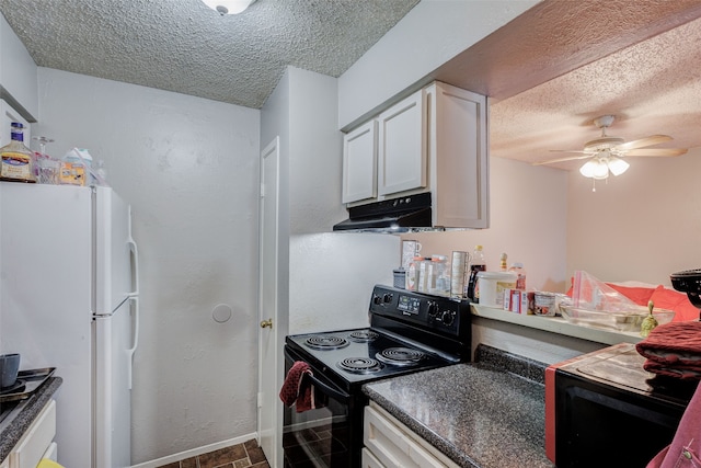 kitchen with ceiling fan, white cabinetry, a textured ceiling, black range with electric cooktop, and white fridge