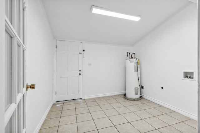 laundry room with hookup for an electric dryer, light tile patterned floors, water heater, hookup for a washing machine, and ornamental molding