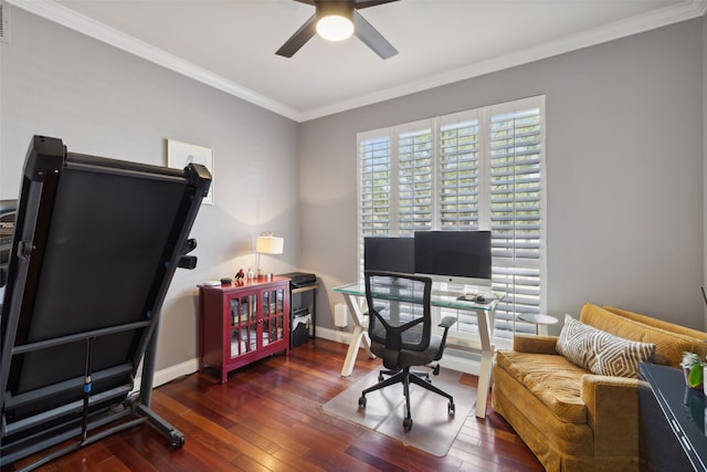 office featuring crown molding, dark wood-type flooring, and ceiling fan