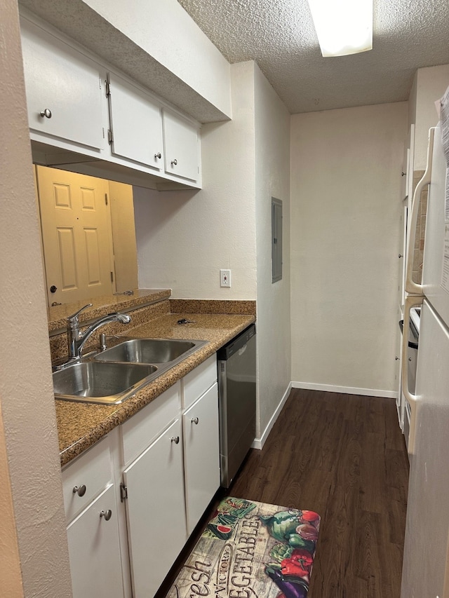 kitchen featuring a textured ceiling, white cabinetry, dark wood-type flooring, stainless steel dishwasher, and sink