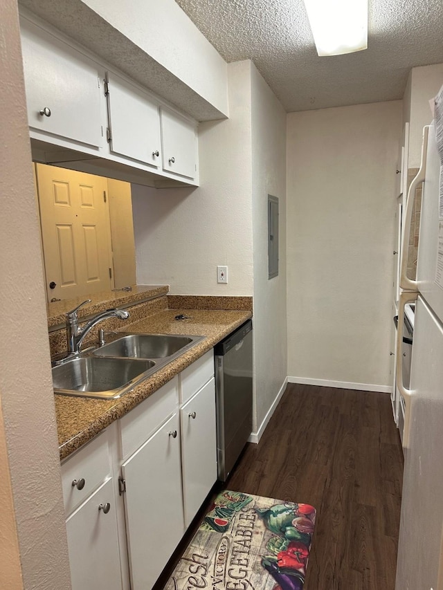 kitchen featuring white cabinets, dishwasher, dark wood-type flooring, a textured ceiling, and a sink