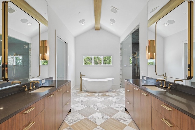 bathroom with vanity, lofted ceiling with beams, and shower with separate bathtub