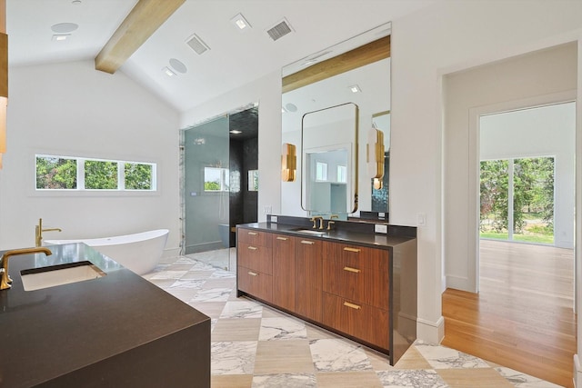 bathroom featuring vaulted ceiling with beams, plus walk in shower, vanity, and a healthy amount of sunlight