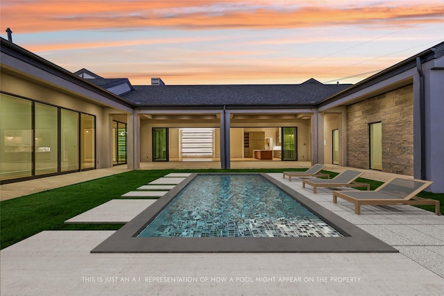 pool at dusk featuring a patio area