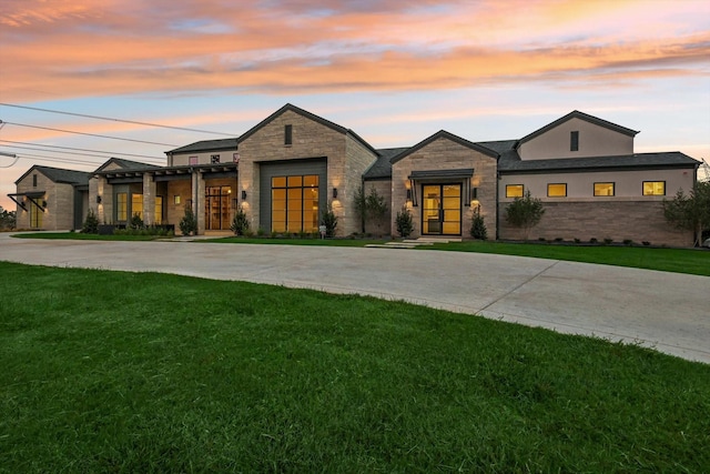 1036 Hat Creek Rd, Bartonville, TX 76226 - view of front of home with stone siding, curved driveway, and a yard