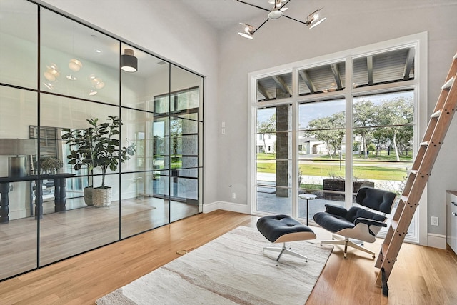 sitting room with light hardwood / wood-style floors, a towering ceiling, and plenty of natural light