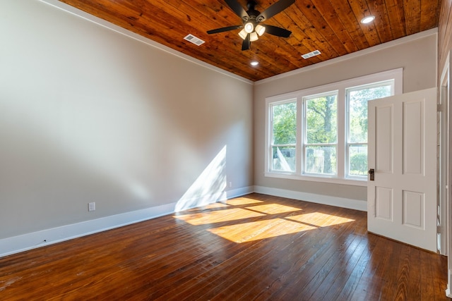 spare room featuring ceiling fan, light hardwood / wood-style flooring, crown molding, and wood ceiling