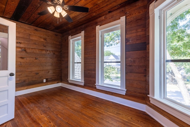 spare room with wooden ceiling, wooden walls, ceiling fan, and hardwood / wood-style flooring