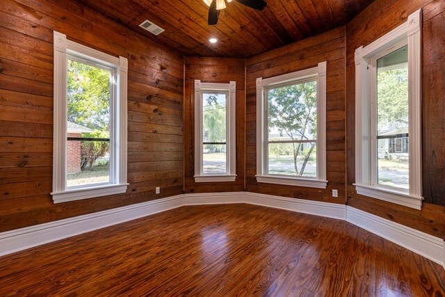 unfurnished room featuring ceiling fan, wooden walls, wood-type flooring, and wooden ceiling