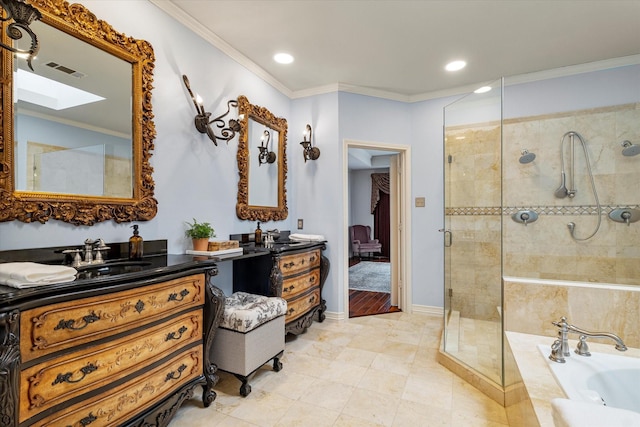 full bathroom with a skylight, crown molding, vanity, a shower stall, and a bath