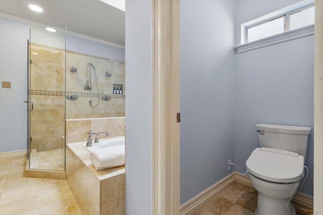 bathroom featuring recessed lighting, toilet, a stall shower, baseboards, and a bath