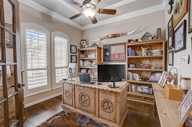 office area featuring ceiling fan, dark hardwood / wood-style flooring, and ornamental molding