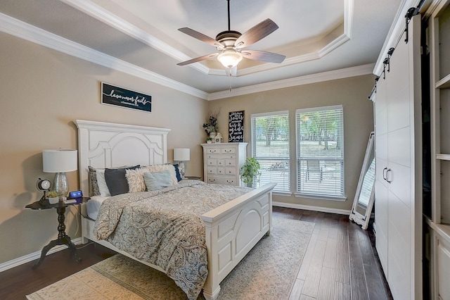 bedroom with ceiling fan, dark wood-type flooring, and ornamental molding