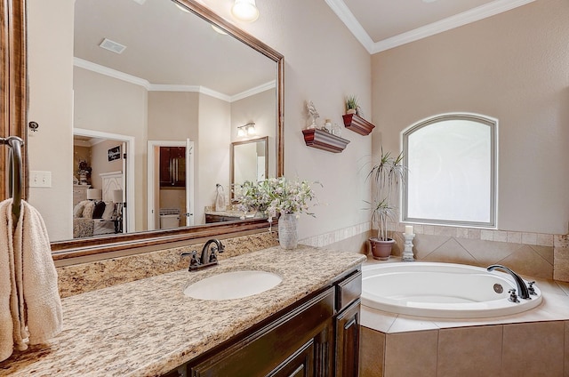 bathroom with vanity, a relaxing tiled tub, and crown molding