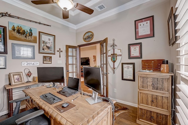 office with ceiling fan, ornamental molding, and hardwood / wood-style floors