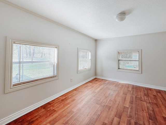 empty room featuring light wood-type flooring and ornamental molding