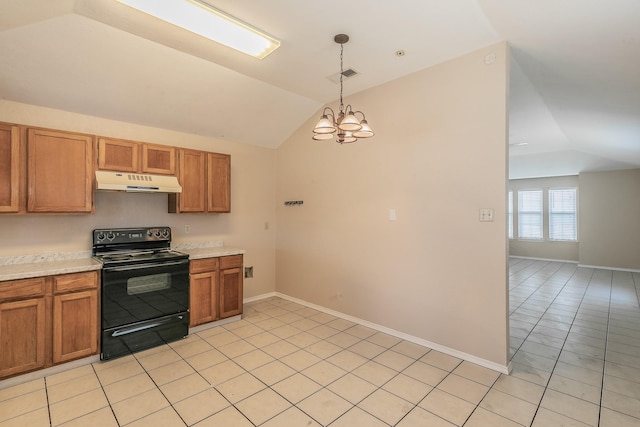 kitchen featuring electric range, lofted ceiling, hanging light fixtures, and a notable chandelier