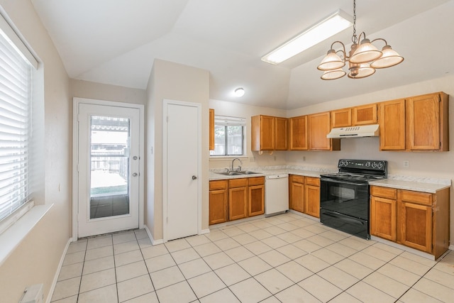 kitchen featuring lofted ceiling, sink, dishwasher, hanging light fixtures, and black / electric stove