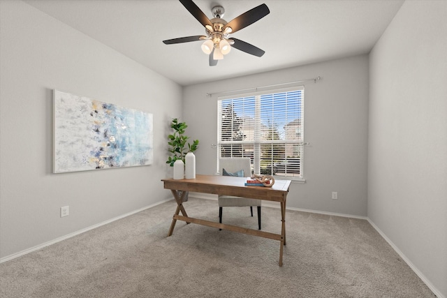 office space with ceiling fan and carpet flooring