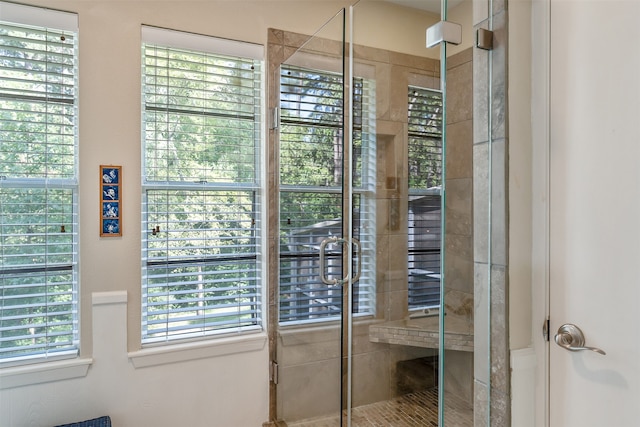 bathroom featuring a shower with shower door