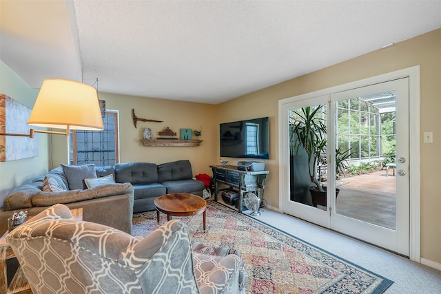 living room featuring a textured ceiling and carpet