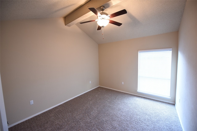 unfurnished room with vaulted ceiling with beams, a textured ceiling, carpet, and ceiling fan