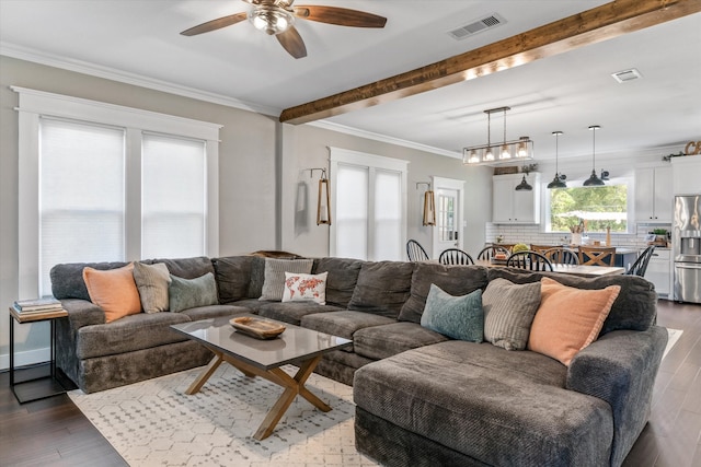 living room featuring ceiling fan, wood-type flooring, ornamental molding, and beamed ceiling