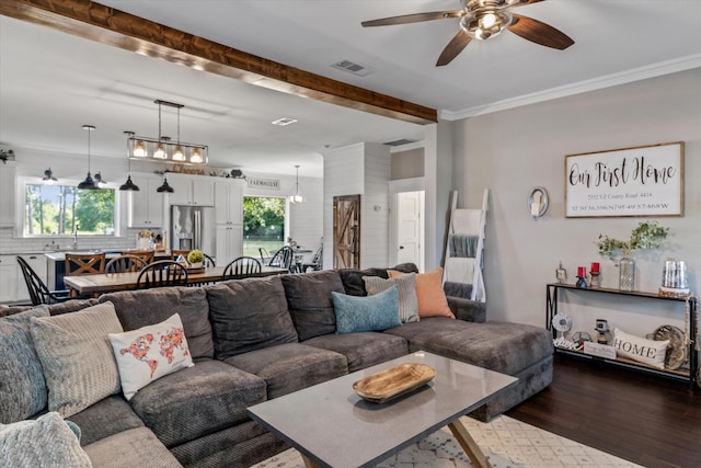 living room featuring beamed ceiling, ceiling fan, crown molding, and wood-type flooring