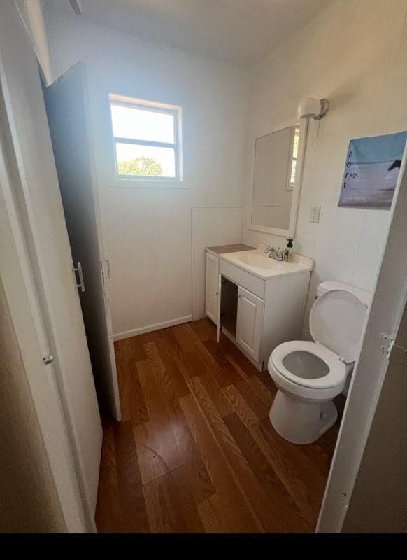 bathroom with toilet, vanity, and wood finished floors