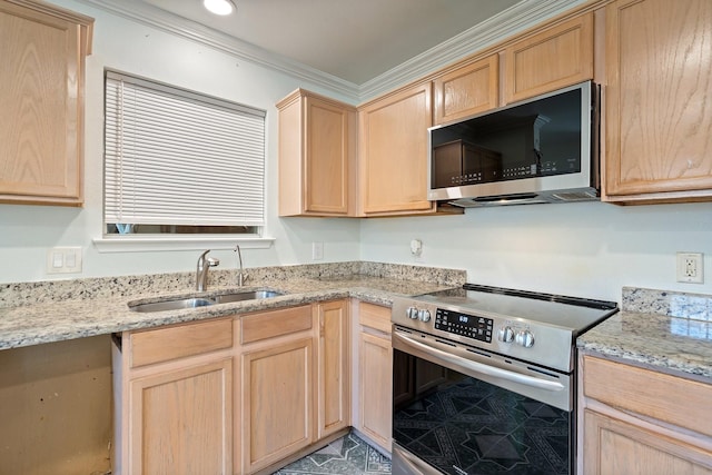 kitchen featuring crown molding, sink, light stone countertops, and stainless steel appliances