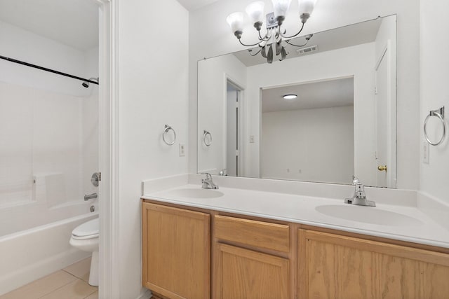 full bathroom with shower / bath combination, vanity, an inviting chandelier, tile patterned flooring, and toilet