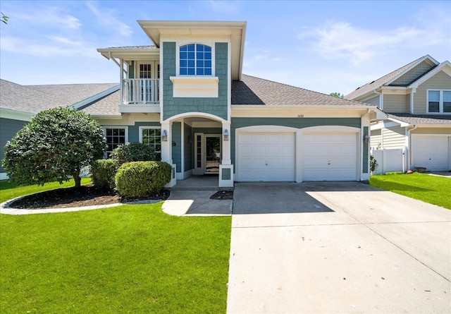 view of front of property with a balcony, a garage, and a front yard