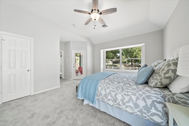 bedroom with light colored carpet and ceiling fan