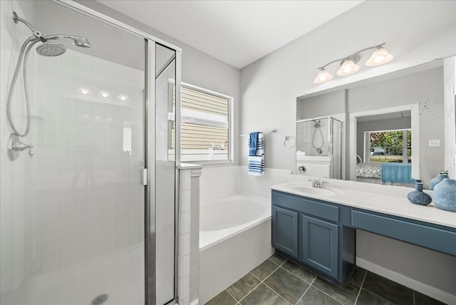 bathroom with vanity and plus walk in shower