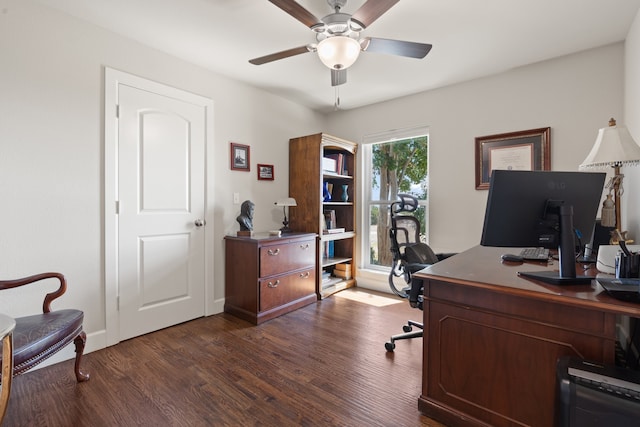 home office featuring ceiling fan and dark hardwood / wood-style floors